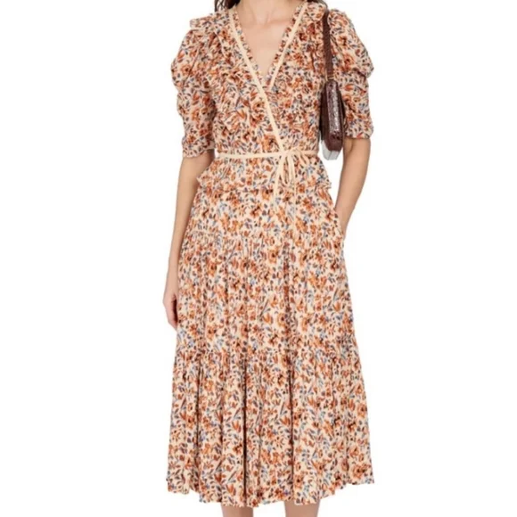 Ulla Johnson Lisette Dress Pearl Floral Wrap Ruffle Midi New With Tag Size 4 - Picture 7 of 10